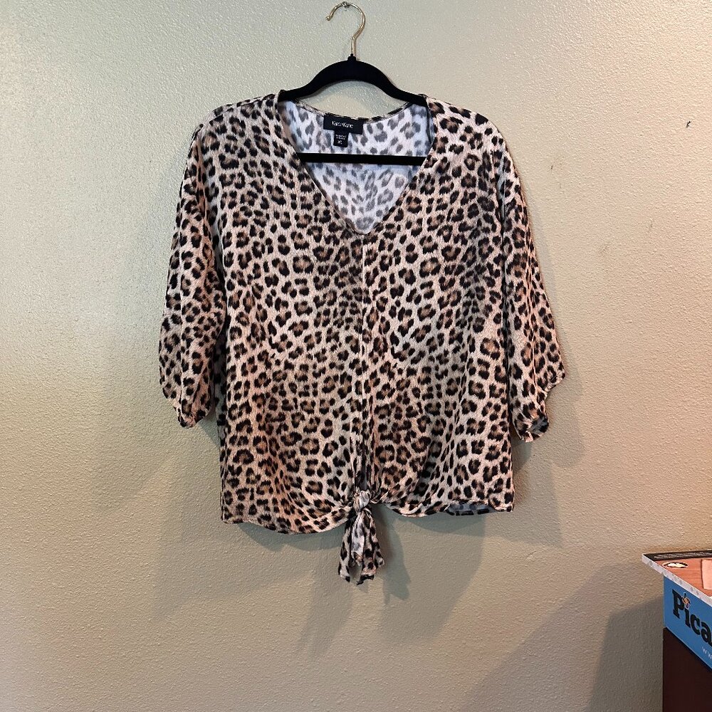 Karen Kane Cheetah Tie Front V-Neck Top, Animal Print Short Sleeve Blouse XL